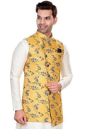 Woven Art Silk Jacquard Nehru Jacket in Yellow
