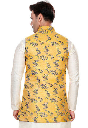 Woven Art Silk Jacquard Nehru Jacket in Yellow