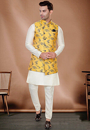 Woven Art Silk Jacquard Nehru Jacket in Yellow