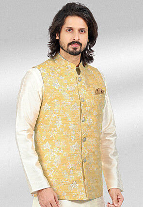 Woven Art Silk Nehru Jacket in Yellow : MAM319