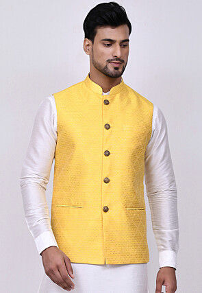 Woven Art Silk Jacquard Nehru Jacket in Yellow