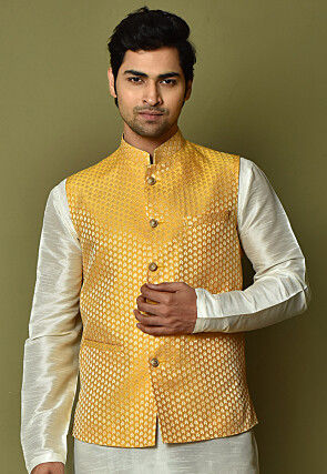 Woven Art Silk Jacquard Nehru Jacket in Yellow
