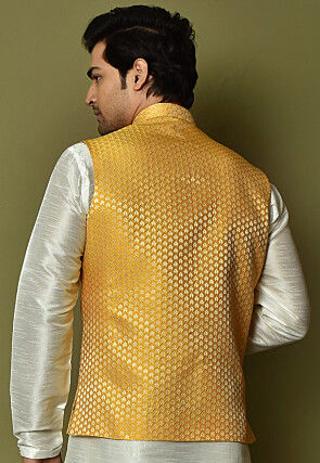 Woven Art Silk Jacquard Nehru Jacket in Yellow