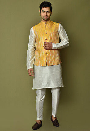 Woven Art Silk Jacquard Nehru Jacket in Yellow