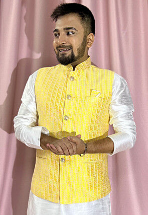 Woven Art Silk Jacquard Nehru Jacket in Yellow