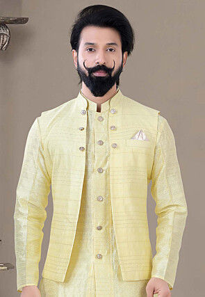 Woven Art Silk Jacquard Nehru Jacket in Yellow