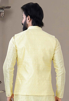Woven Art Silk Jacquard Nehru Jacket in Yellow