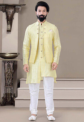Woven Art Silk Jacquard Nehru Jacket in Yellow