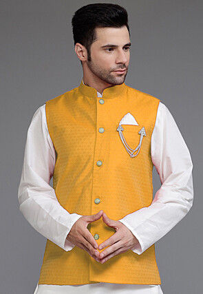 Woven Art Silk Jacquard Nehru Jacket in Yellow