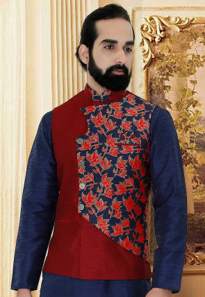 Woven Art Silk Jacquard Over Lapped Jacket in Red and Blue