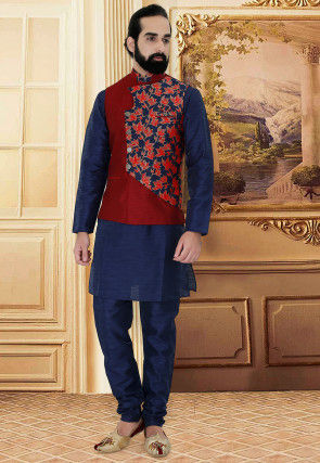 Woven Art Silk Jacquard Over Lapped Jacket in Red and Blue