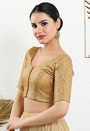 Woven Art Silk Jacquard Blouse in Beige