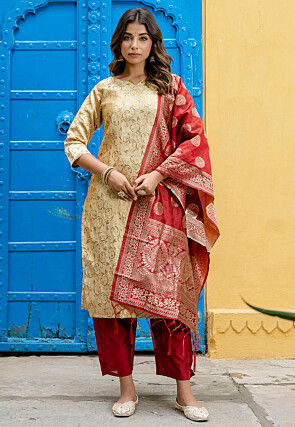 Woven Art Silk Jacquard Pakistani Suit in Beige