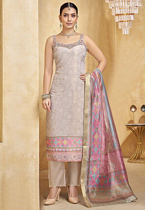 Woven Art Silk Jacquard Pakistani Suit in Beige
