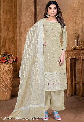 Woven Art Silk Jacquard Pakistani Suit in Beige