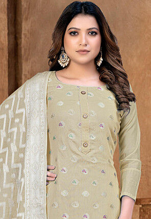 Woven Art Silk Jacquard Pakistani Suit in Beige