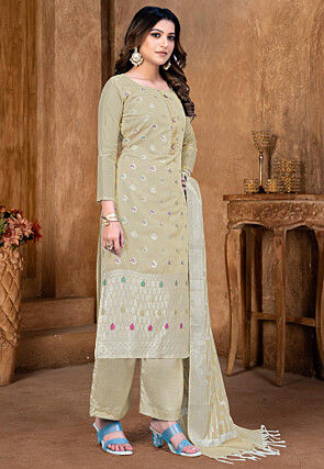 Woven Art Silk Jacquard Pakistani Suit in Beige