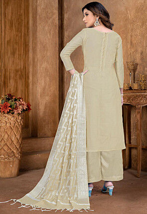 Woven Art Silk Jacquard Pakistani Suit in Beige