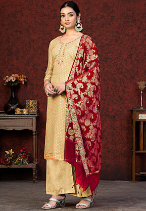 Woven Art Silk Jacquard Pakistani Suit in Beige