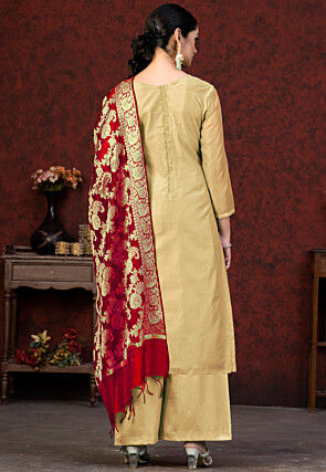 Woven Art Silk Jacquard Pakistani Suit in Beige