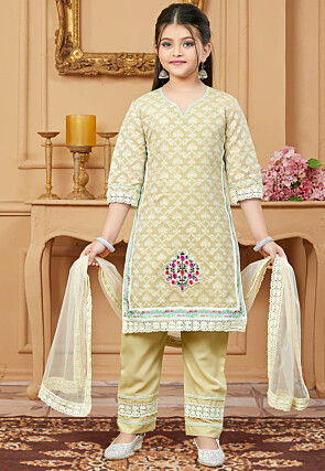 Woven Art Silk Jacquard Pakistani Suit in Beige