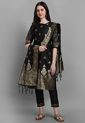 Woven Art Silk Jacquard Pakistani Suit in Black