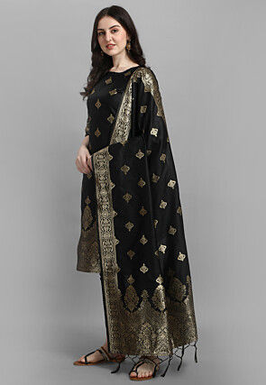 Woven Art Silk Jacquard Pakistani Suit in Black