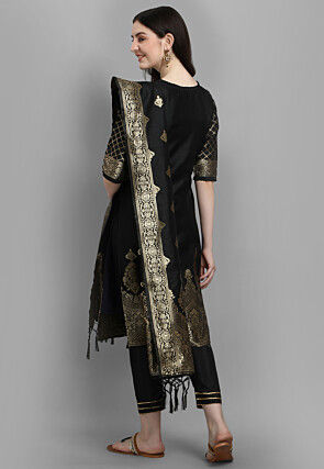 Woven Art Silk Jacquard Pakistani Suit in Black