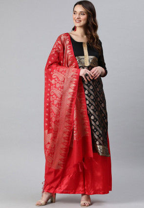 Woven Art Silk Jacquard Pakistani Suit in Black