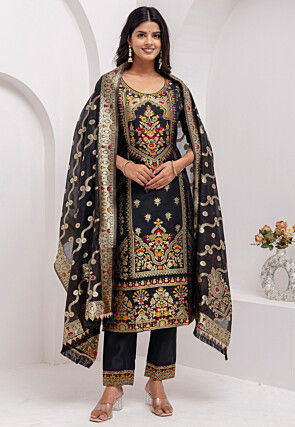 Woven Art Silk Jacquard Pakistani Suit in Black