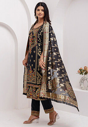 Woven Art Silk Jacquard Pakistani Suit in Black