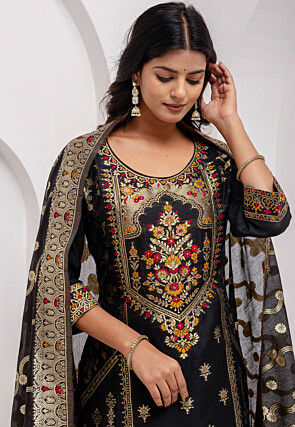 Woven Art Silk Jacquard Pakistani Suit in Black