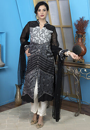 Woven Art Silk Jacquard Pakistani Suit in Black