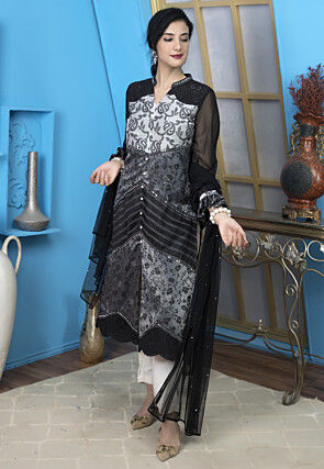 Woven Art Silk Jacquard Pakistani Suit in Black