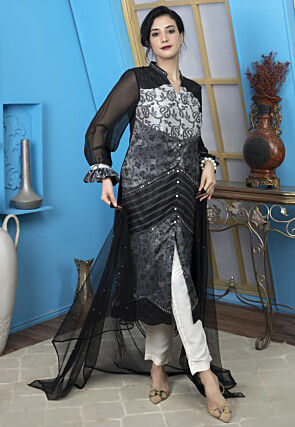 Woven Art Silk Jacquard Pakistani Suit in Black