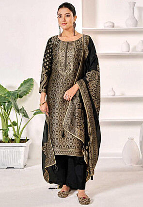 Woven Art Silk Jacquard Pakistani Suit in Black