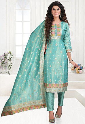 Woven Art Silk Jacquard Pakistani Suit in Blue
