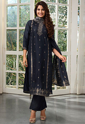 Woven Art Silk Jacquard Pakistani Suit in Blue