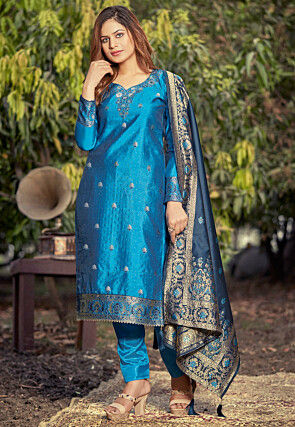 Woven Art Silk Jacquard Pakistani Suit in Blue