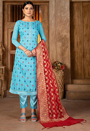 Woven Art Silk Jacquard Pakistani Suit in Blue