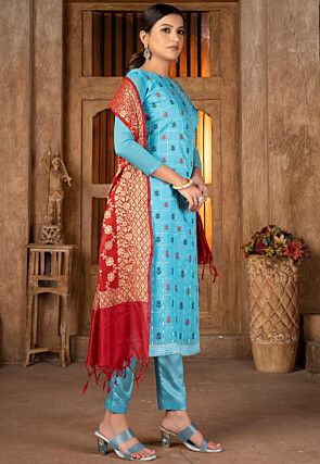 Woven Art Silk Jacquard Pakistani Suit in Blue