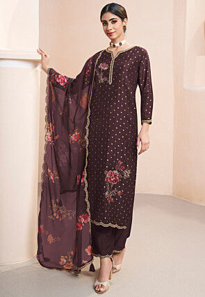 Woven Art Silk Jacquard Pakistani Suit in Brown