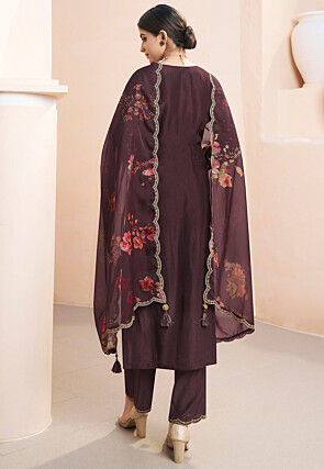 Woven Art Silk Jacquard Pakistani Suit in Brown