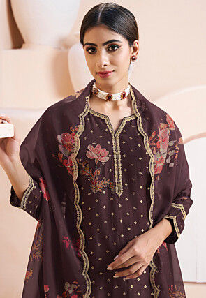 Woven Art Silk Jacquard Pakistani Suit in Brown