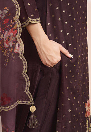 Woven Art Silk Jacquard Pakistani Suit in Brown