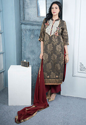 Woven Art Silk Jacquard Pakistani Suit in Brown