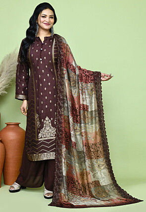 Woven Art Silk Jacquard Pakistani Suit in Brown