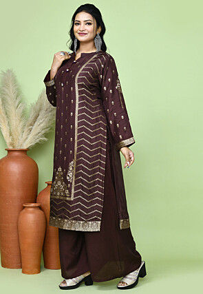 Woven Art Silk Jacquard Pakistani Suit in Brown