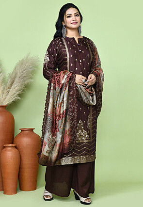 Woven Art Silk Jacquard Pakistani Suit in Brown