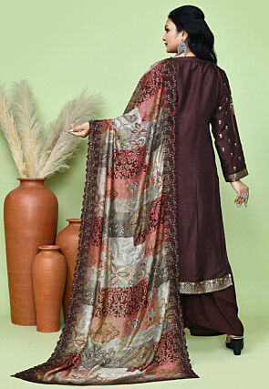 Woven Art Silk Jacquard Pakistani Suit in Brown